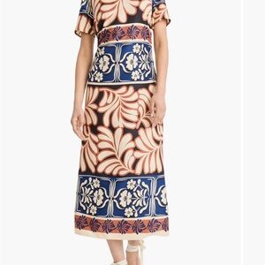 Donna Morgan Navy, Rust & Cream Patterned Midi Dress